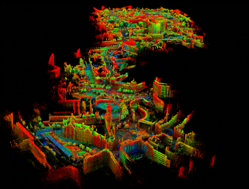 Visualising Heritage's first application of mobile mapping technologies to document the cityscape of Bradford, with a perspective showing City Hall and the Mirror Pool in the foreground looking towards the University of Bradford. This first use in Bradford was the catalyst both for Virtual Bradford - a Digital Twin of the City Centre - and the creative potential of this contextual data for reimagining the cityscape (Image credit: Visualising Heritage, University of Bradford).