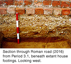 Section through Roman road (2016) from Period 3.1, beneath extant house footings. Looking west.